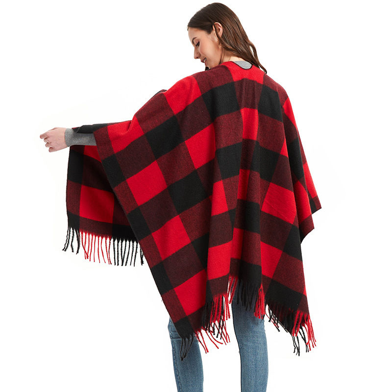 Autumn and Winter Women's Split Cloak Thickened Plaid Bristle Tassel Shawl - Image 5