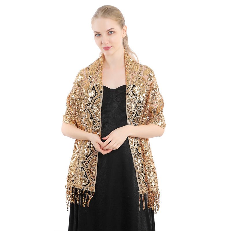 Elegant Sequined Tassel Shawl Dress Cheongsam Outerwear Shawl Sequined Shawl - 图片 5