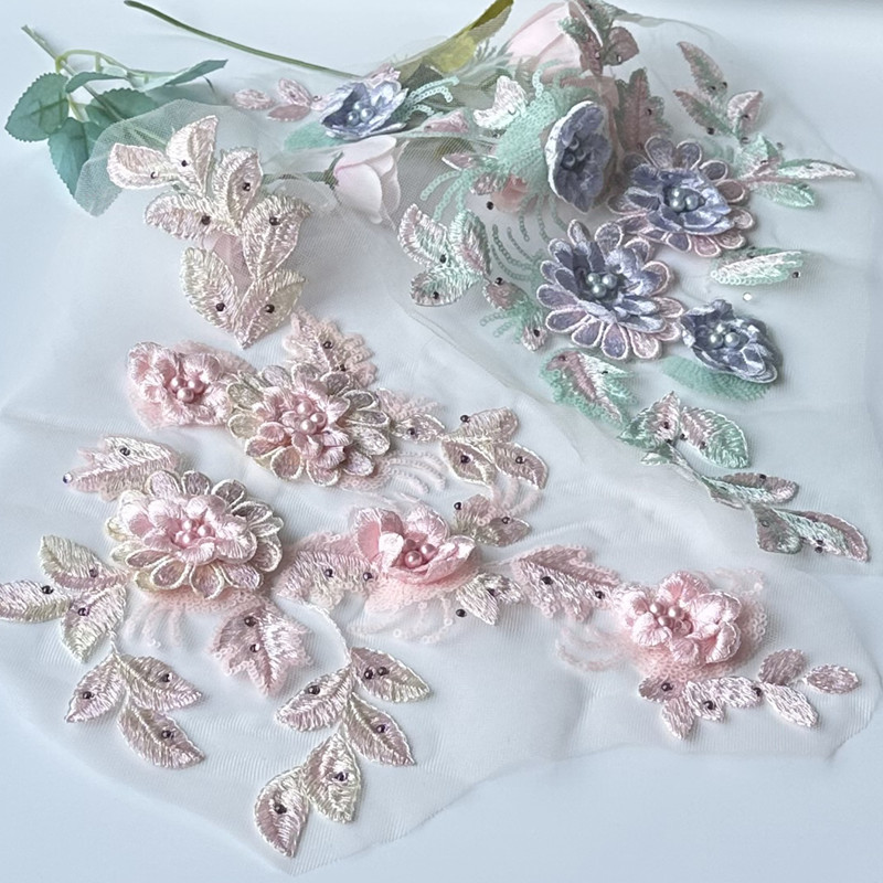 Flower Embroidered Cloth Stickers Pairs of Flower Beaded Patch Mesh Lace Clothing Ornaments Accessories Handmade Sewing Diy - 图片 8