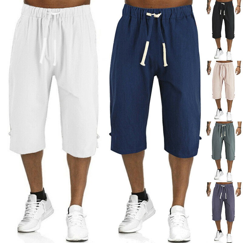 Mens 3/4 Long Length Shorts Casual Loose Elastic Waist Linen Capri Sport Pants - Image 11