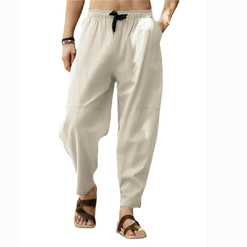 Mens Casual Cotton Linen Baggy Trousers Wide Leg Elastic Waist Loose Harem Pants - 图片 7