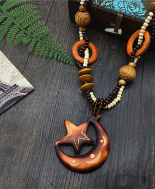 Wooden Bead Long Necklace Seaside Play Ornament Cotton Linen Wind Long Necklace