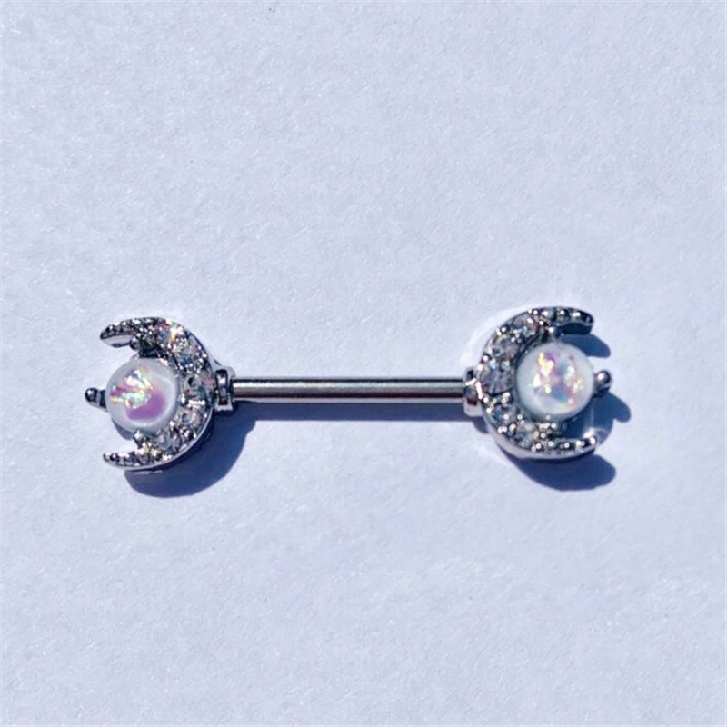 Opal Moon Breast ring body piercing jewelry crescent Moon Nipple Bar Barbell 1.6mm x 14mm - Image 7