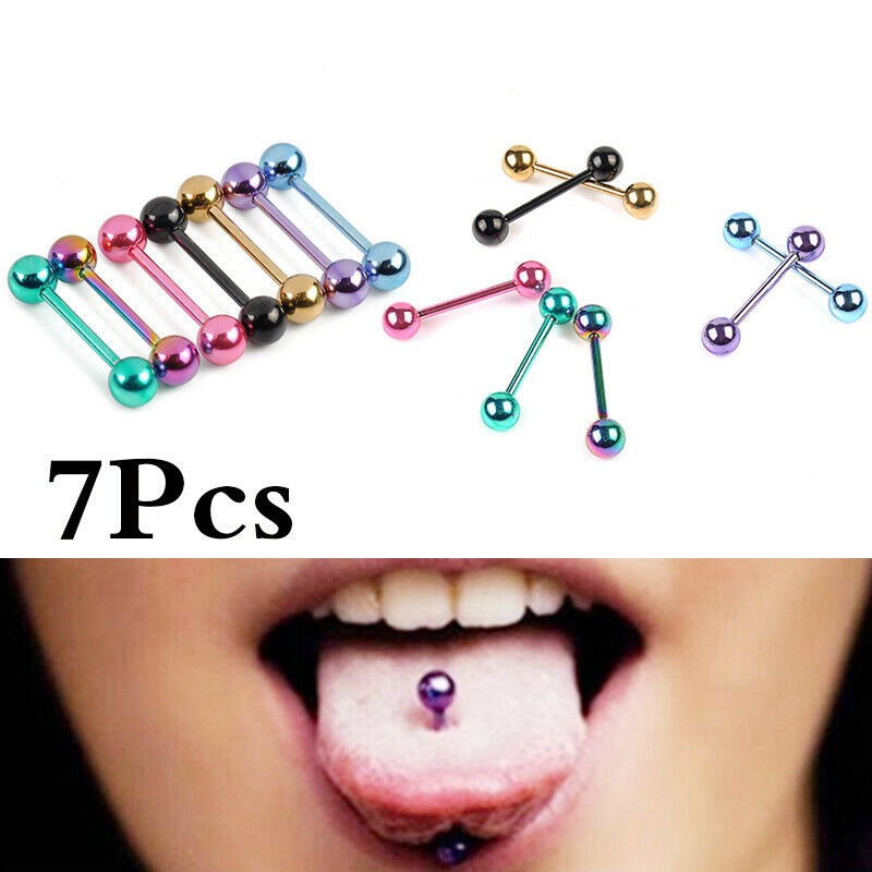 7 PCS Colorful Steel Bar Tongue Rings Body Piercing Jewelry Tounge Bars D - Image 12