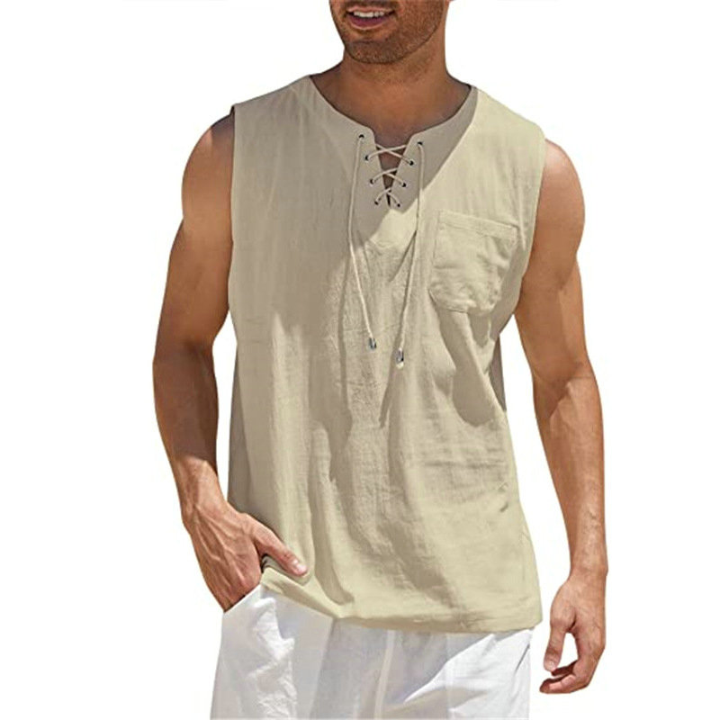2024 Cross-Border Amazon Hot Sale New Men's Vest Shirt Lace-up Fashion Solid Color Cotton Linen Short Sleeve T-shirt - 图片 10