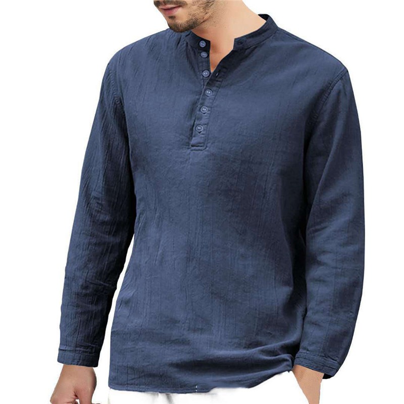Men's Linen T-shirt Long Sleeve Casual Grandad Shirts Loose Blouse Tops Formal - 图片 4