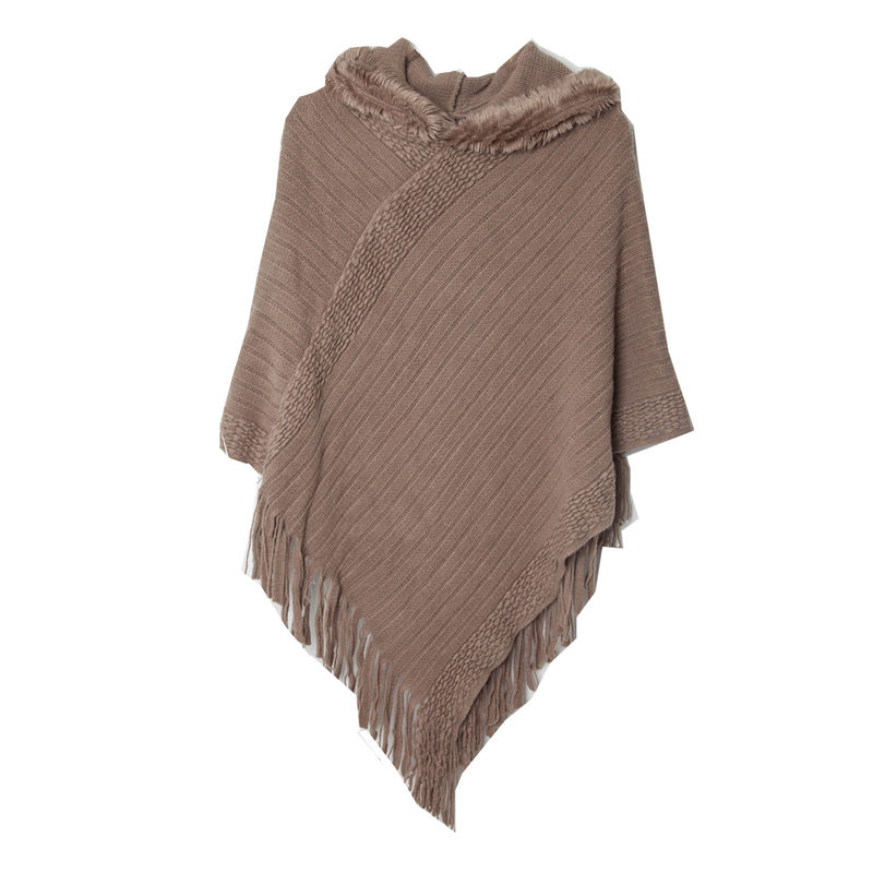 Shawl Ladies Autumn and Winter Solid Color Striped Tassel Hooded Cloak Keep Warm - 图片 10