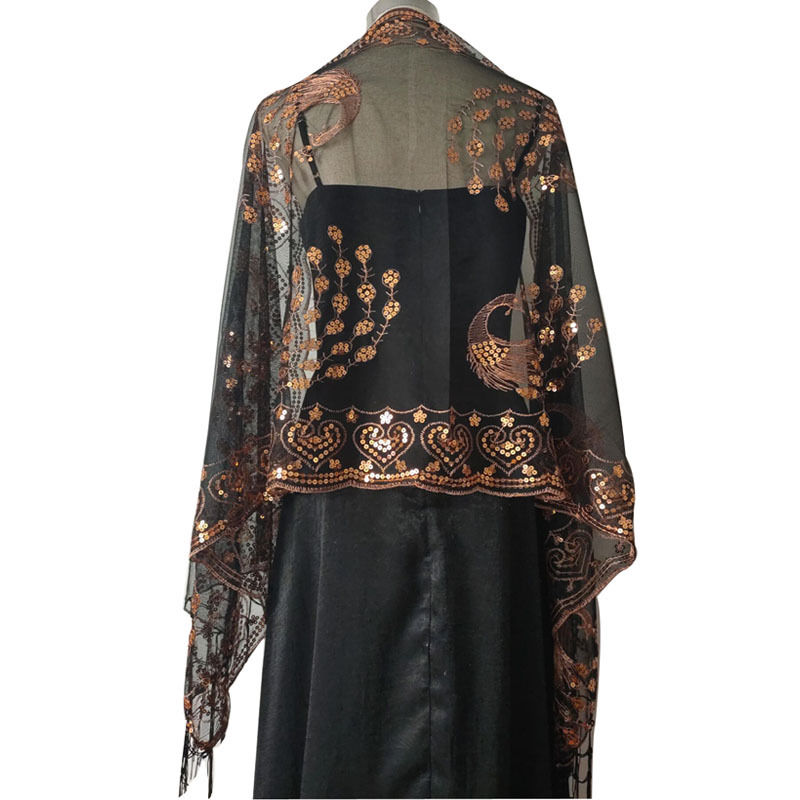 Sequined Shawl Peacock Embroidery Sequined Tassel Shawl Party Banquet Evening Gown Shawl - 图片 7