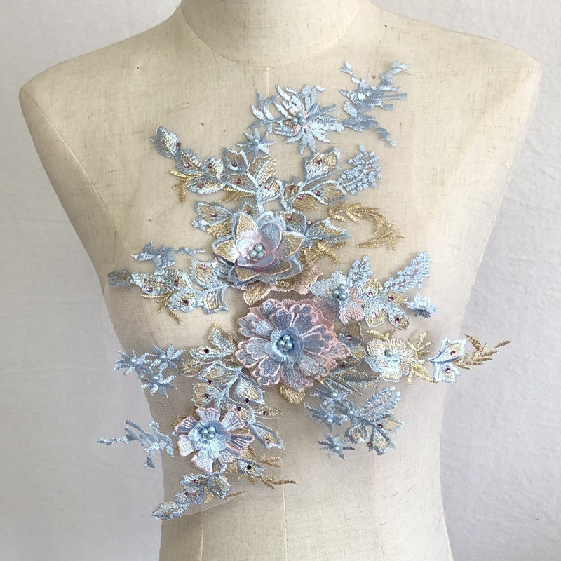 Colorful Three-Dimensional Flower Beaded Rhinestone Mesh Embroidery Fabrics Lace Applique Dress Cloth Patch - 图片 8