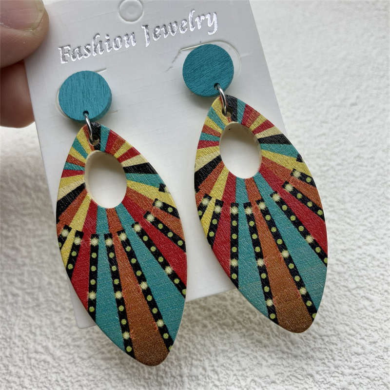 Jewelry Ornament European and American Earrings Wooden Earrings Retro Geometry - 图片 10