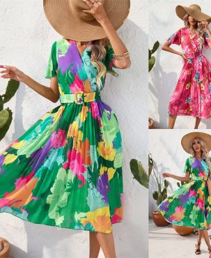 Women's Clothing Summer Printing Crumpled Mid-Length Skirt Short Sleeve Dress