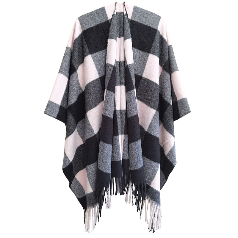 Autumn and Winter Women's Split Cloak Thickened Plaid Bristle Tassel Shawl - Image 11