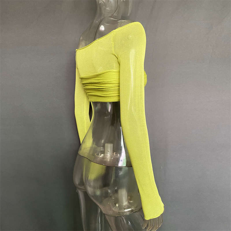 Women's Clothes Off Neck See Through Short Top Long Sleeve Sexy Top Fashion - 图片 11