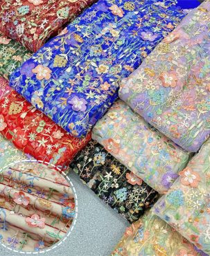 Three-Dimensional Floral Multi-Color 3D Mesh Embroidery Fabric Lace Embroidery Fabric