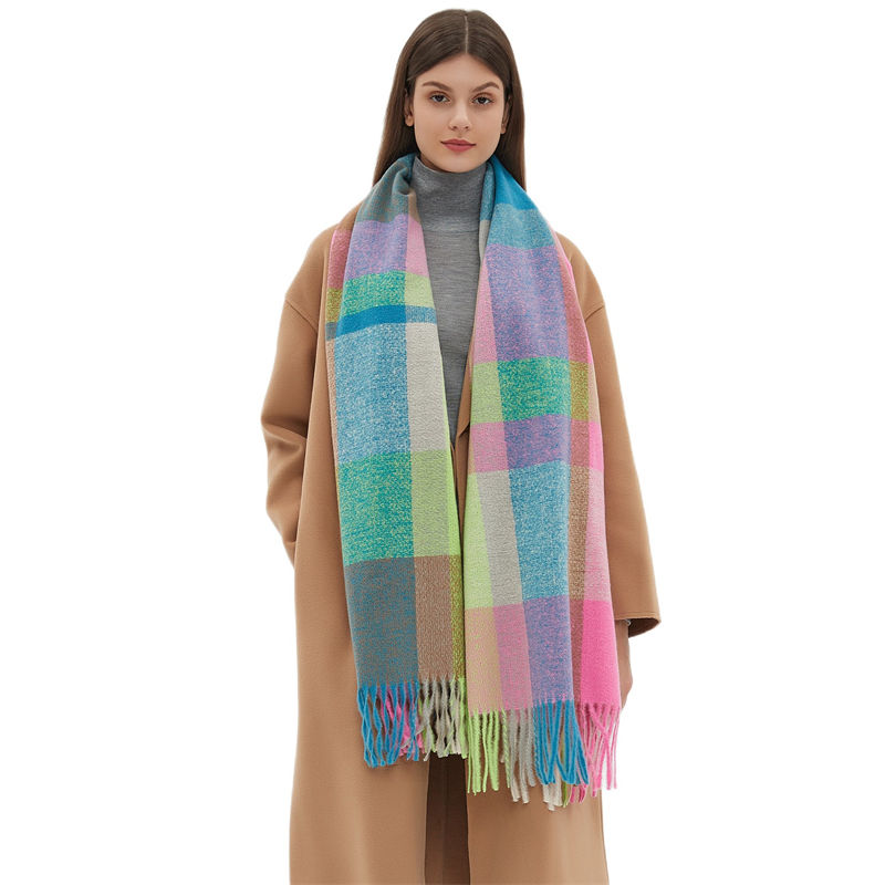Plaid Scarf Autumn and Winter Thickened Tassel Scarf Rainbow Scarf Shawl Keep Warm - 图片 2
