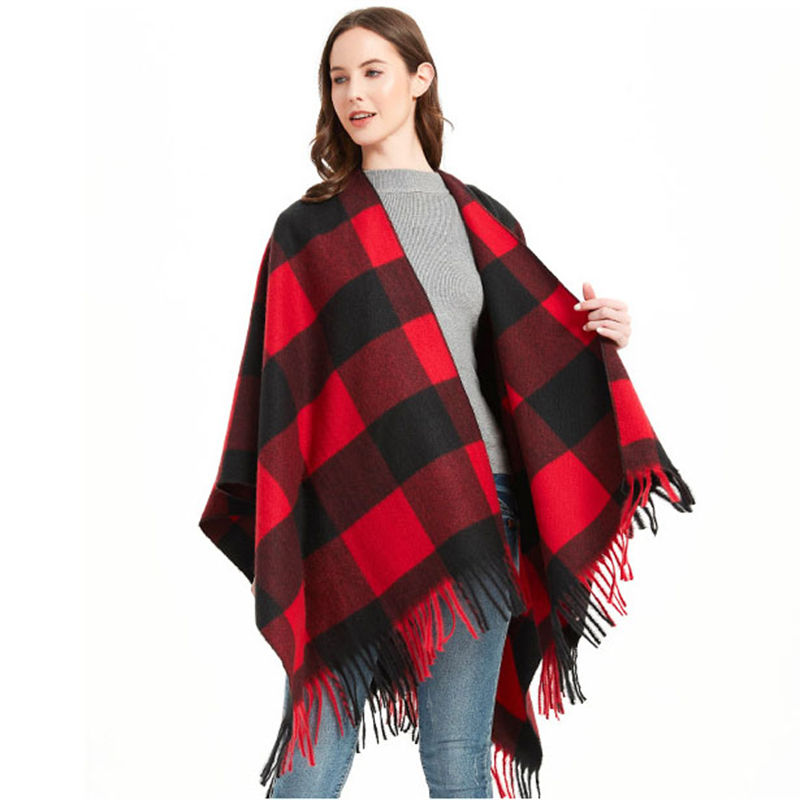 Autumn and Winter Women's Split Cloak Thickened Plaid Bristle Tassel Shawl - Image 3