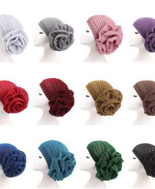 Bright Silk Big Flower Indian Hat Muslim Headscarf Turban Hat Chemotherapy Hat