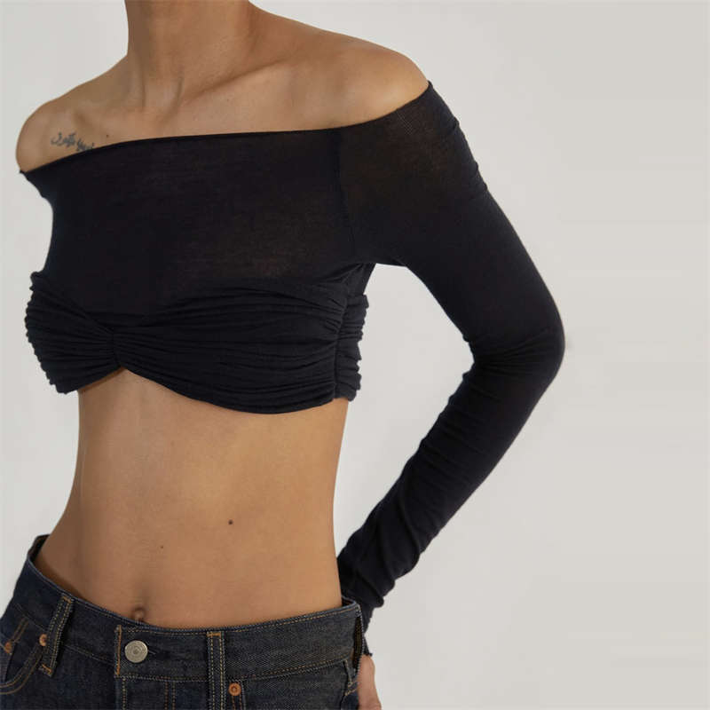 Women's Clothes Off Neck See Through Short Top Long Sleeve Sexy Top Fashion - 图片 5