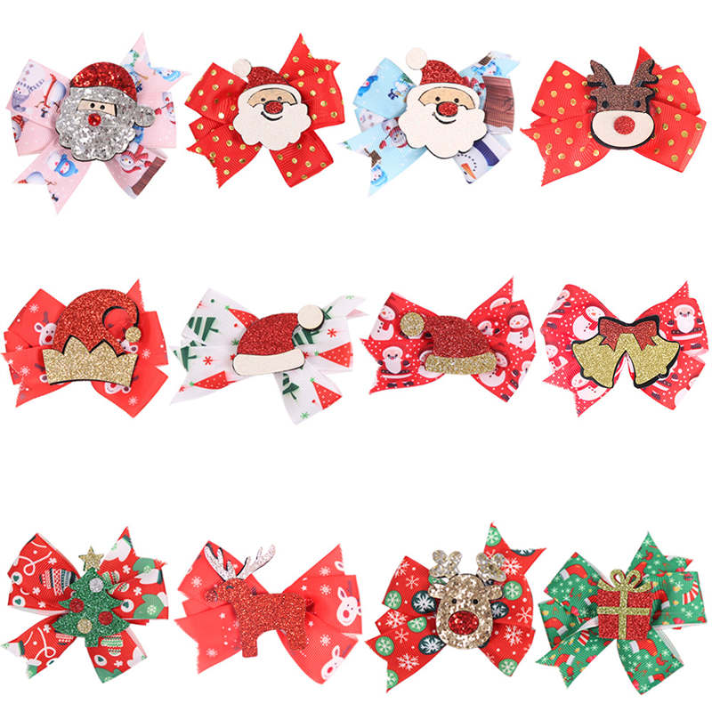 2PC Christmas Barrettes Women Bow Hair Clip Christmas Ornament Children Cartoon Headwear