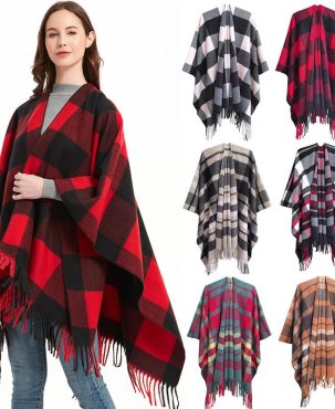 Autumn and Winter Women's Split Cloak Thickened Plaid Bristle Tassel Shawl