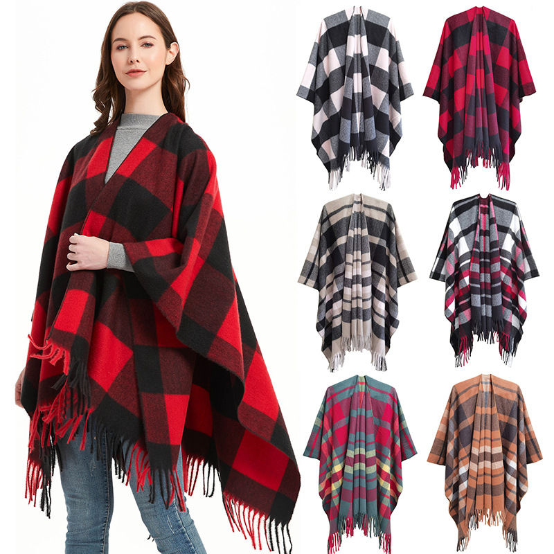 Autumn and Winter Women's Split Cloak Thickened Plaid Bristle Tassel Shawl