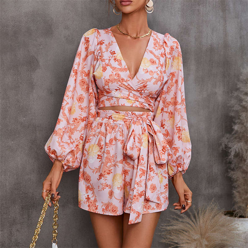 Women's Clothing Printing Long Sleeve Shorts V-neck Jumpsuit Fashion - Image 19