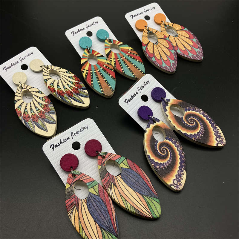 Jewelry Ornament European and American Earrings Wooden Earrings Retro Geometry