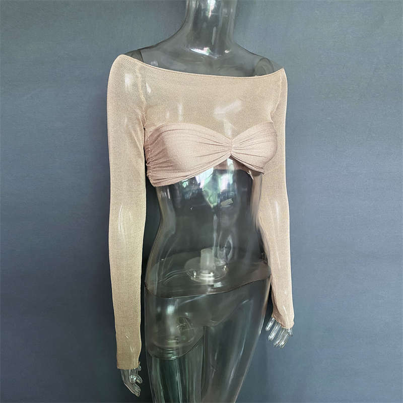 Women's Clothes Off Neck See Through Short Top Long Sleeve Sexy Top Fashion - 图片 12
