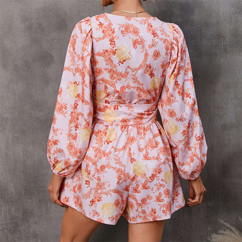 Women's Clothing Printing Long Sleeve Shorts V-neck Jumpsuit Fashion - Image 20