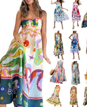 Women's Clothing Elegant High Waist Print Sling Casual Fashion Dress Sleeveless