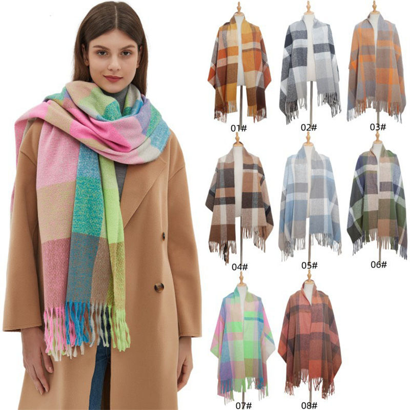 Plaid Scarf Autumn and Winter Thickened Tassel Scarf Rainbow Scarf Shawl Keep Warm