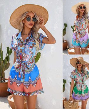 Women's Clothing Summer National Style Printed Short-Sleeved Shorts Jumpsuit