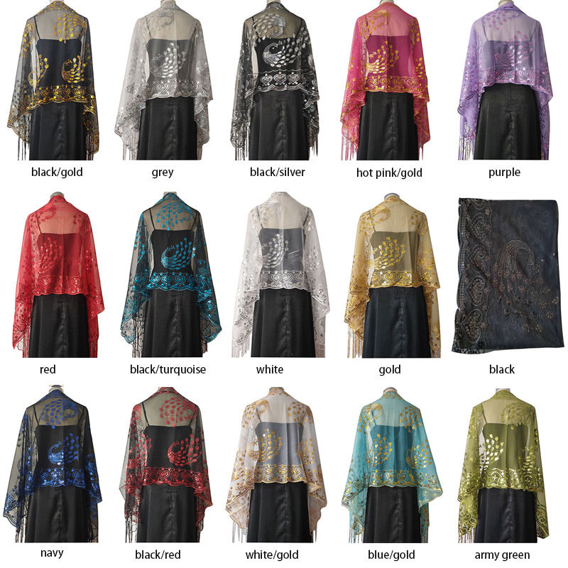 Sequined Shawl Peacock Embroidery Sequined Tassel Shawl Party Banquet Evening Gown Shawl
