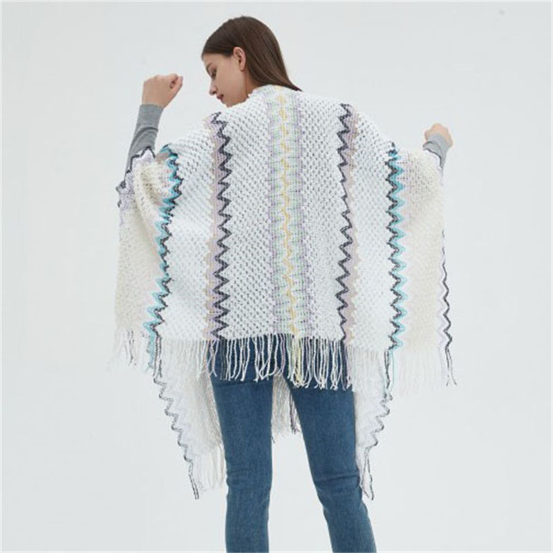 Autumn and Winter Tourism Ethnic Style Split White with Tassels Knitted Shawl - Image 9