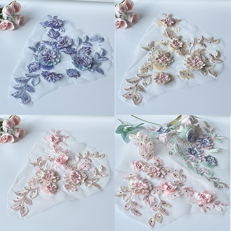 Flower Embroidered Cloth Stickers Pairs of Flower Beaded Patch Mesh Lace Clothing Ornaments Accessories Handmade Sewing Diy - 图片 13