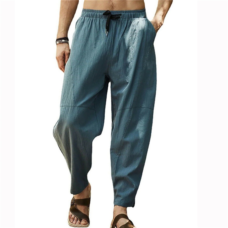 Mens Casual Cotton Linen Baggy Trousers Wide Leg Elastic Waist Loose Harem Pants - 图片 8
