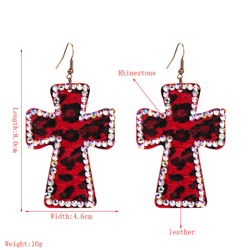 Cross-Shaped Duplex Printing Leopard Print Earrings Genuine Leather Retro Ins Earrings - 图片 3