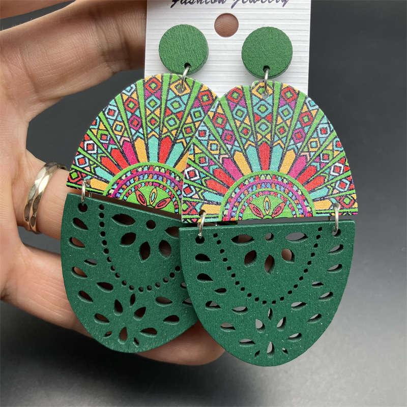European and American Retro Wooden Dangle Earrings Printed Hollow Jewelry Earrings - 图片 11