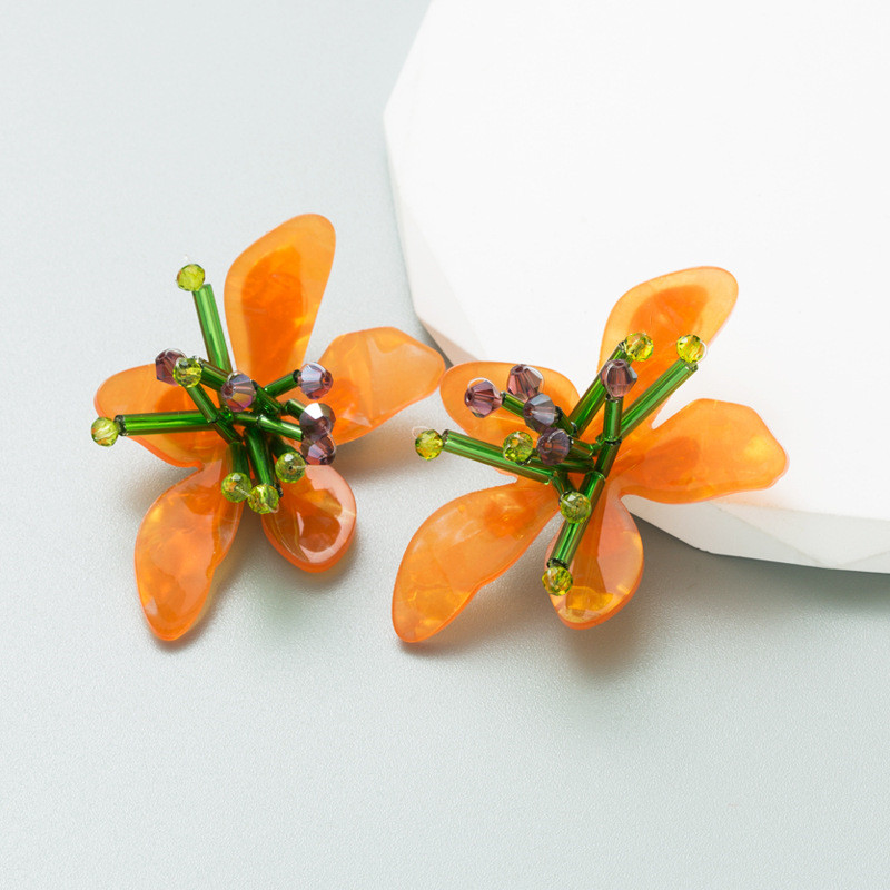 Colorful Acrylic Flower Earrings Exaggerated Hand-Woven Petal Ear Accessory - 图片 3