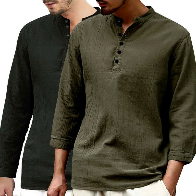 Men's Linen T-shirt Long Sleeve Casual Grandad Shirts Loose Blouse Tops Formal - 图片 5