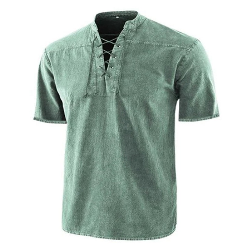 Mens V Neck Short Sleeve Plain Muscle Shirts Tops Casual Lace up T Shirt Blouse - Image 4