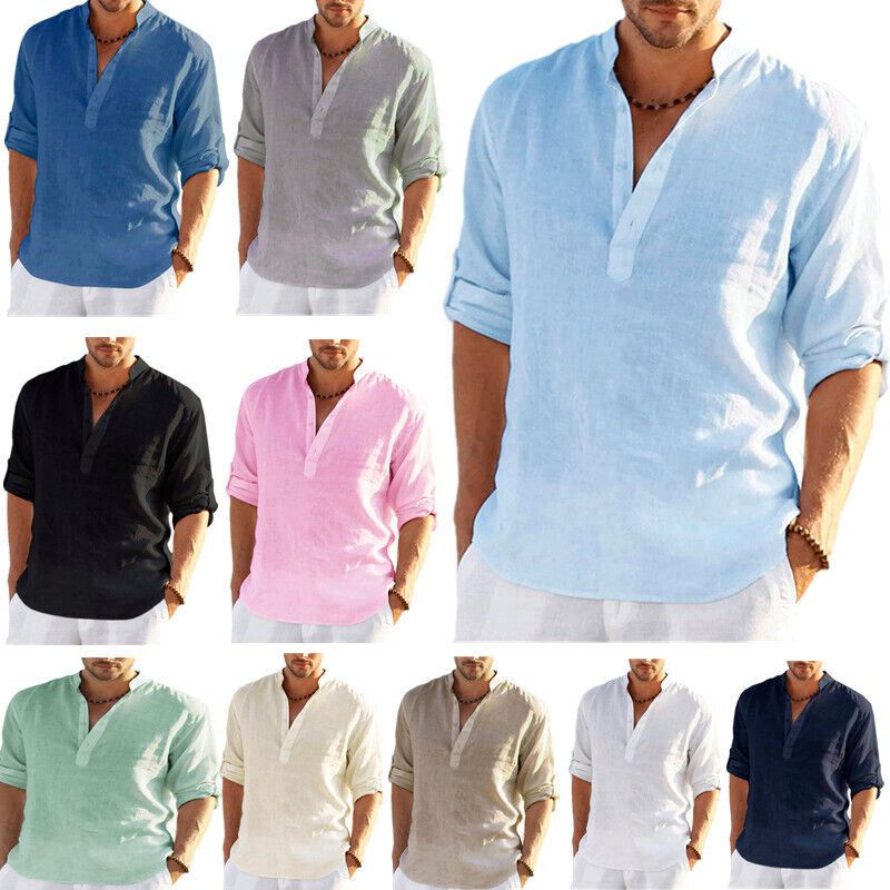 Mens Linen Long Sleeve Shirts Solid Loose Casual Shirt Blouse Top Cotton Summer - Image 8
