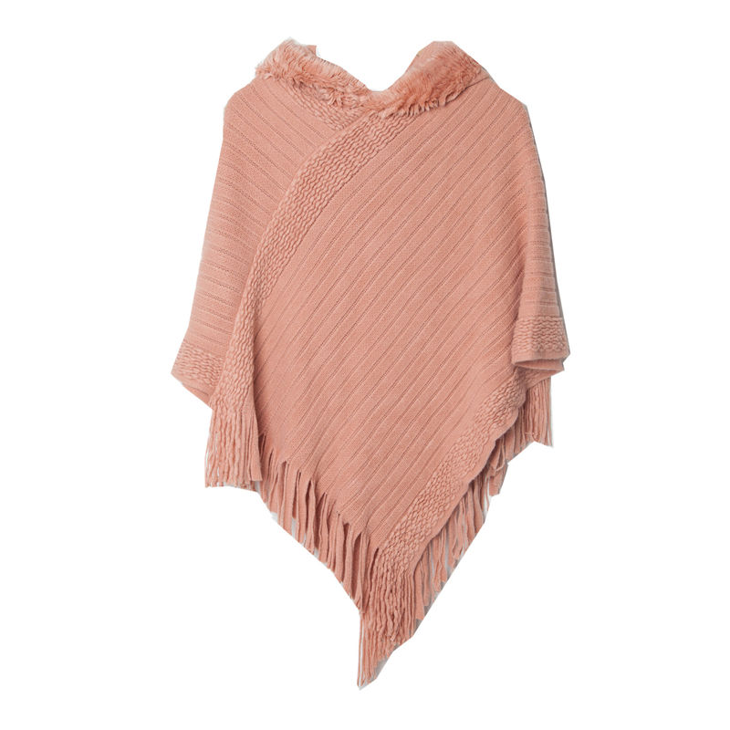 Shawl Ladies Autumn and Winter Solid Color Striped Tassel Hooded Cloak Keep Warm - 图片 11