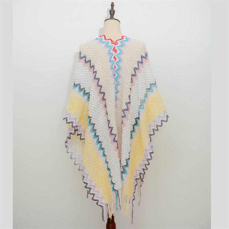 Autumn and Winter Tourism Ethnic Style Split White with Tassels Knitted Shawl - Image 18