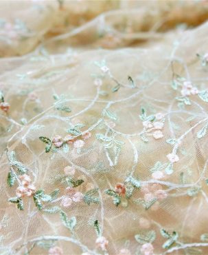 Flower Embroidery Tulle Fabric Soft Beige Lace Embroidery Lining DIY Clothing Fabric