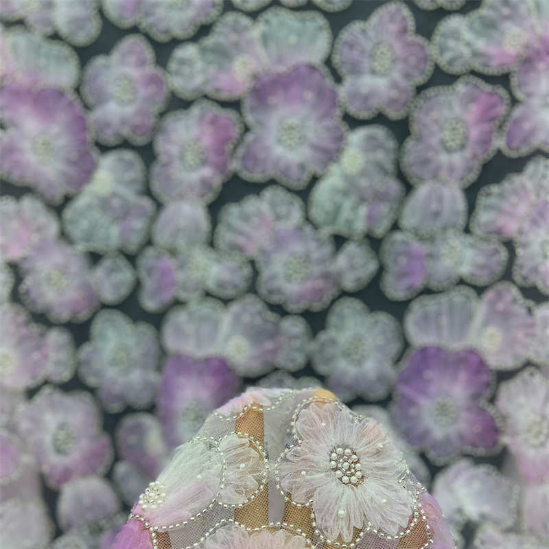 3D Flower Heavy Industry Embroidery Pearl Fabric DIY Lace Bead Mesh Fabric - 图片 6