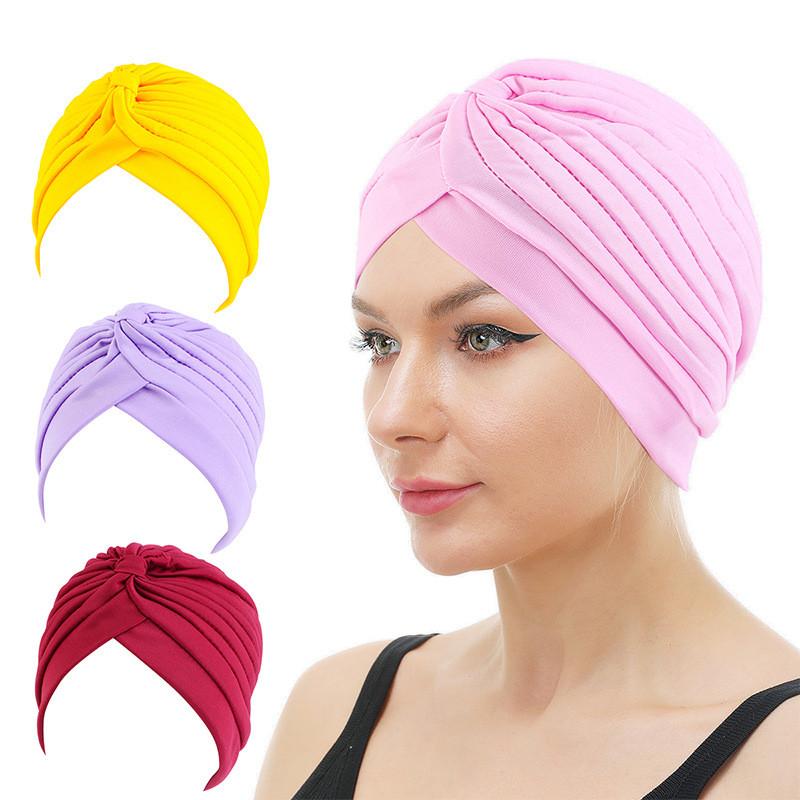 Women's Hat Head-Wrapping Hat Arabic Hat Base Hat Pleated Turban Solid Color Chemo Cap