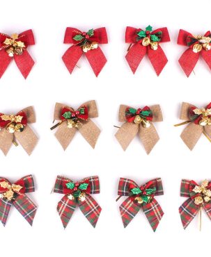 4PC Christmas Bowknot Christmas Tree Pendant with Bell Gift Box Decor Handmade Christmas Decor