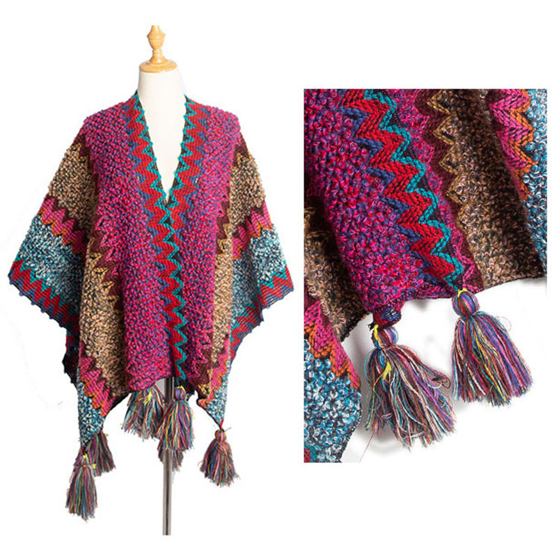 Autumn and Winter Ethnic Style Tourism Hanging Cloak Color Knitted Women's Split Shawl - Image 11