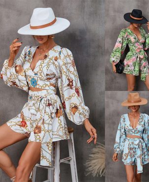 Women's Clothing Printing Long Sleeve Shorts V-neck Jumpsuit Fashion